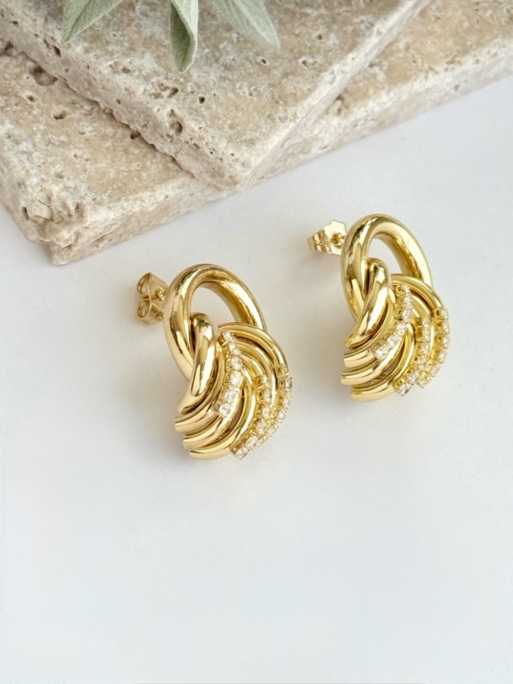 14K Gold Plated Ribbed & Circle Stud Earrings | CZ Encrusted Layered Statement - Picture 3 of 9